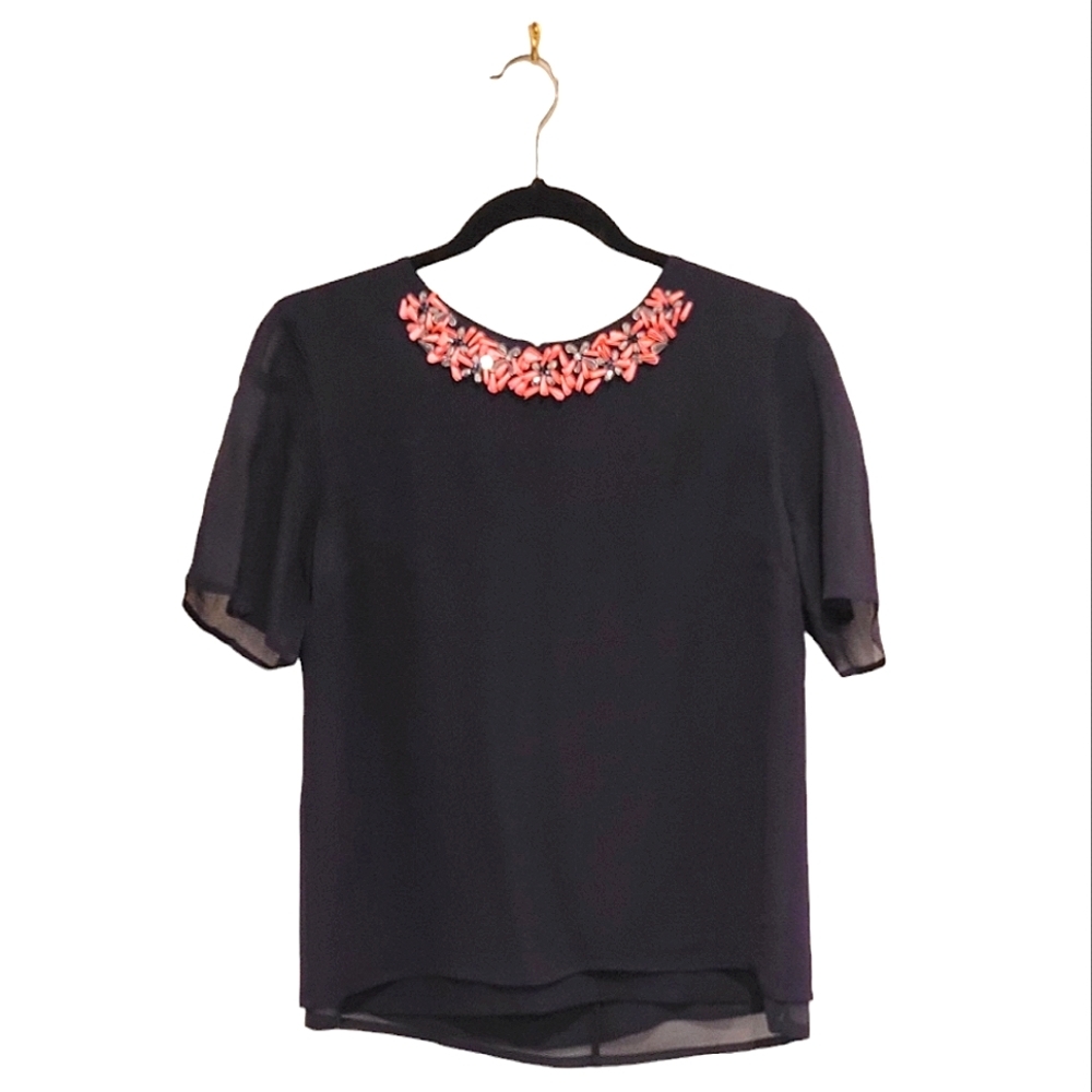 French Connection 4 Blouse Navy Pink Embellished Rhinestones Short Sleeve Top